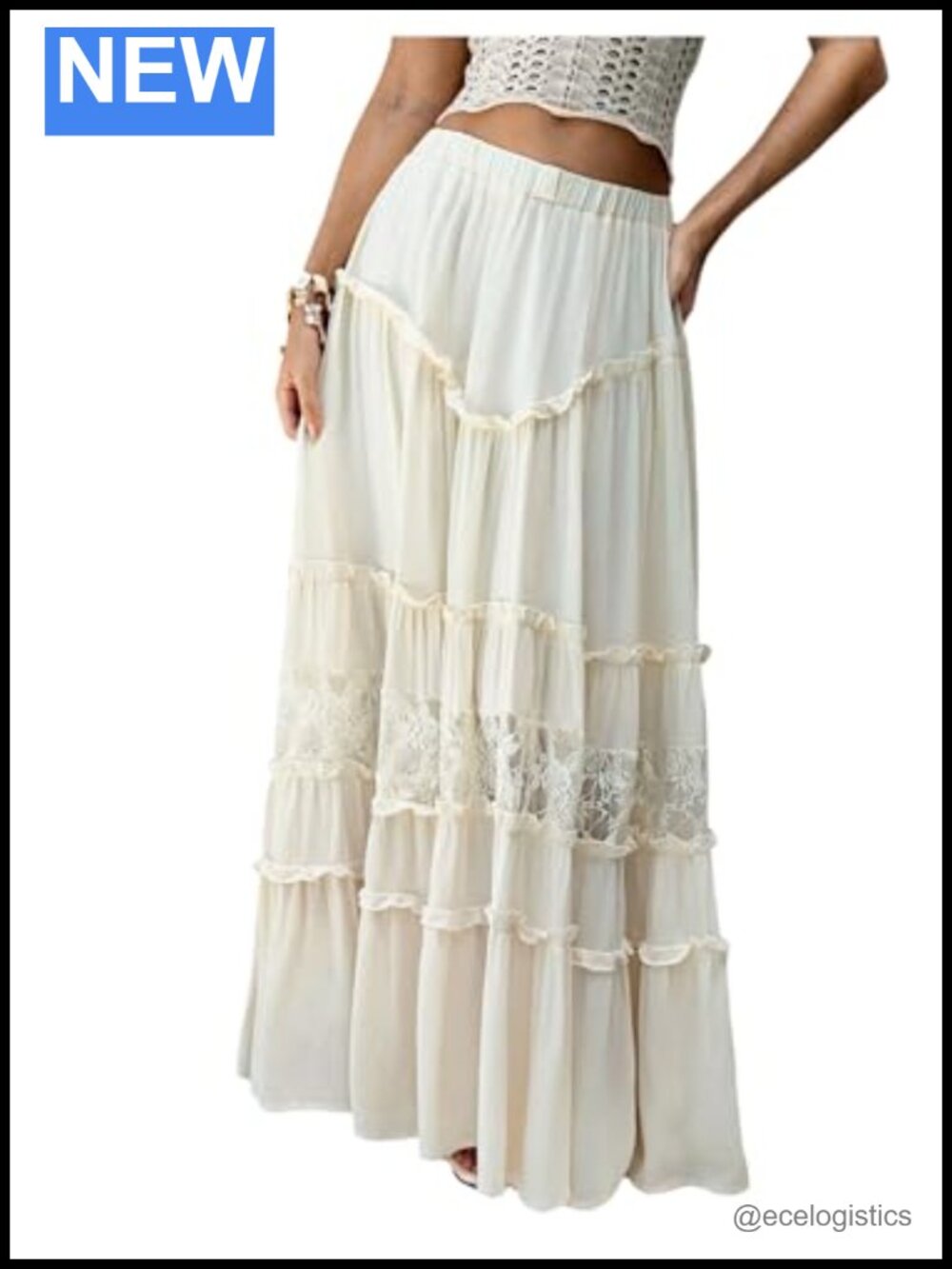 Lace Trim Maxi Skirt Elastic Waist A Line Flowy Boho Summer